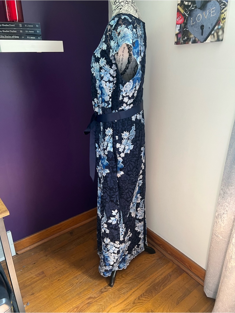 Adrianna Papell Navy Plus Size Maxi Gown with Blue Floral Embroidery - Picture 6 of 11
